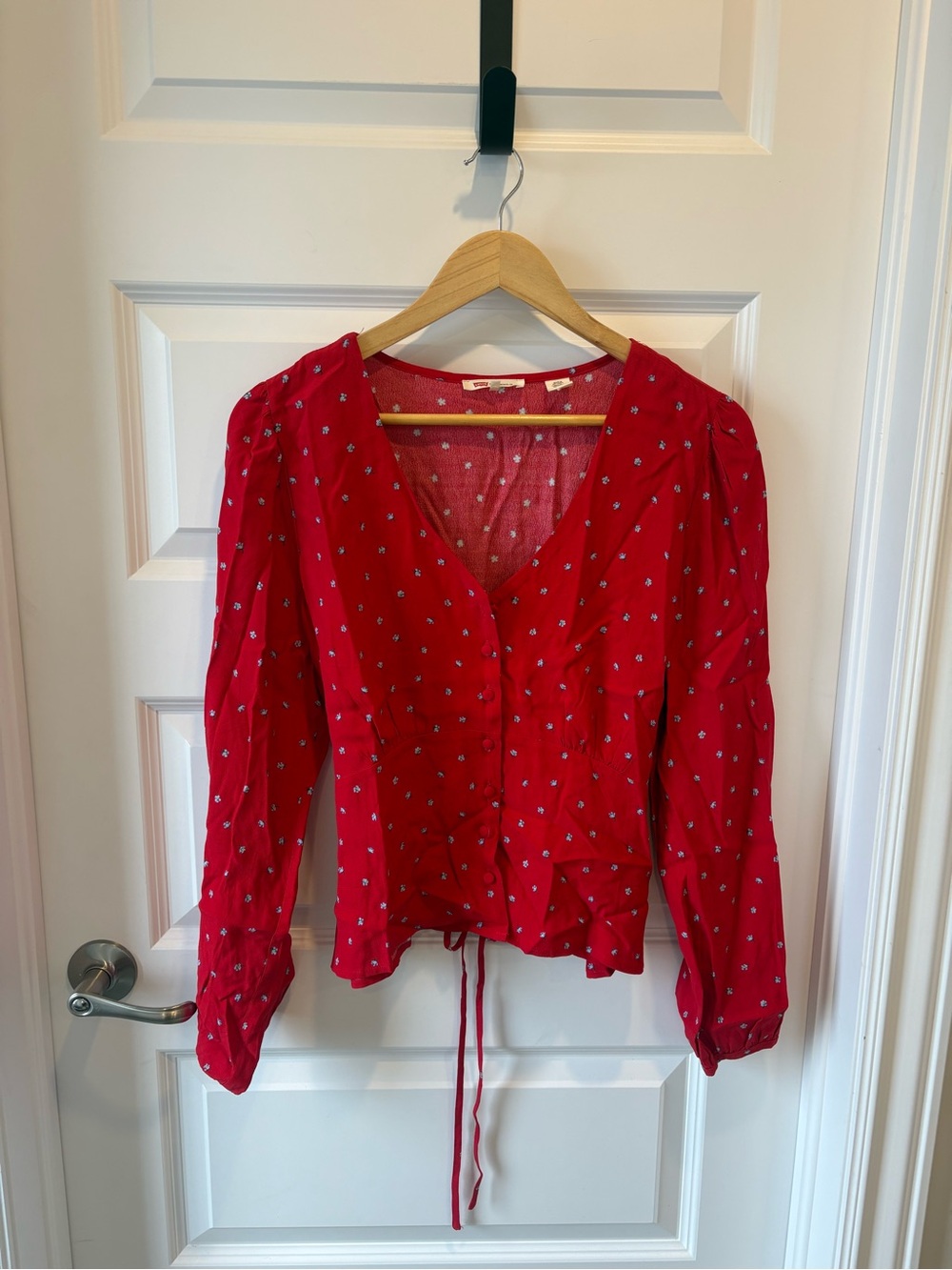 Levi's Red V-Neck Long Sleeve Blouse with Tiny Floral Print